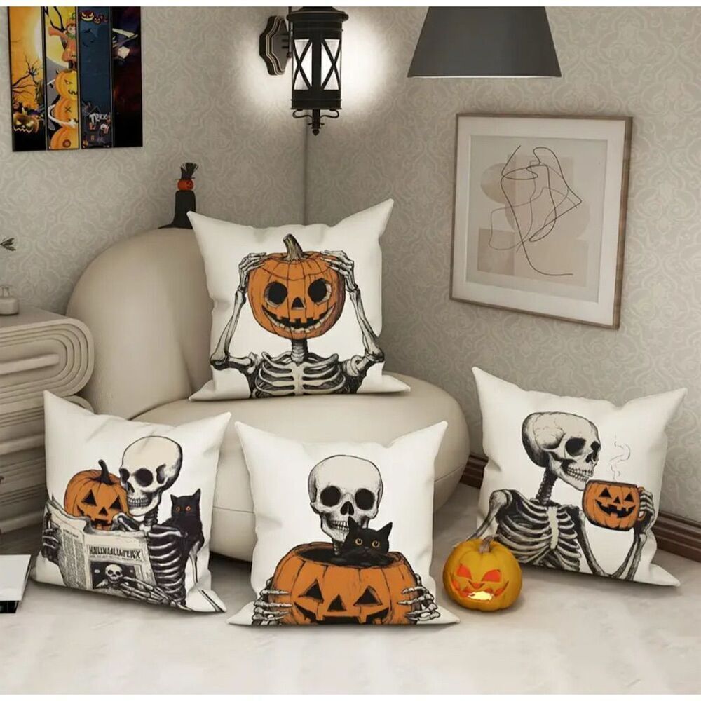 4 Pack Halloween Skeleton Skull Pumpkin Square Throw Pillow Covers Gothic Grunge - Picture 4 of 14